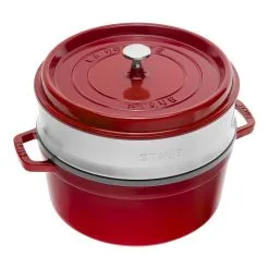 Staub Cocotte Mit Dämpfeinsatz 26 Cm, Rund, Kirsch-Rot, Gusseisen