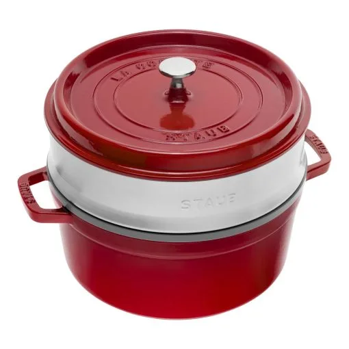 Staub Cocotte Mit Dämpfeinsatz 26 Cm, Rund, Kirsch-Rot, Gusseisen -Messer Verkaufsgeschäft 40510601