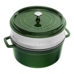 Staub Cocotte Mit Dämpfeinsatz 26 Cm, Rund, Basilikum-Grün, Gusseisen